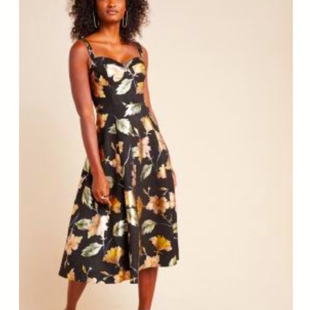 Eva Franco dress from BHLDN. Black scuba with metallic brushstroke floral